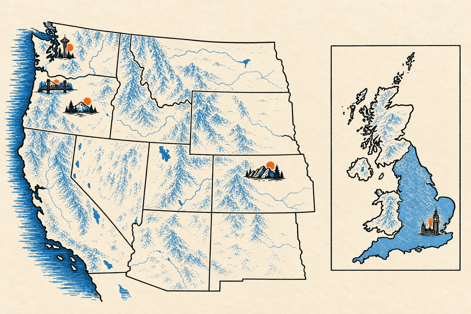 Illustrated western US map with Boulder, Bend, Corvallis, Seattle and Portland; a separate Britain inset highlights England and London